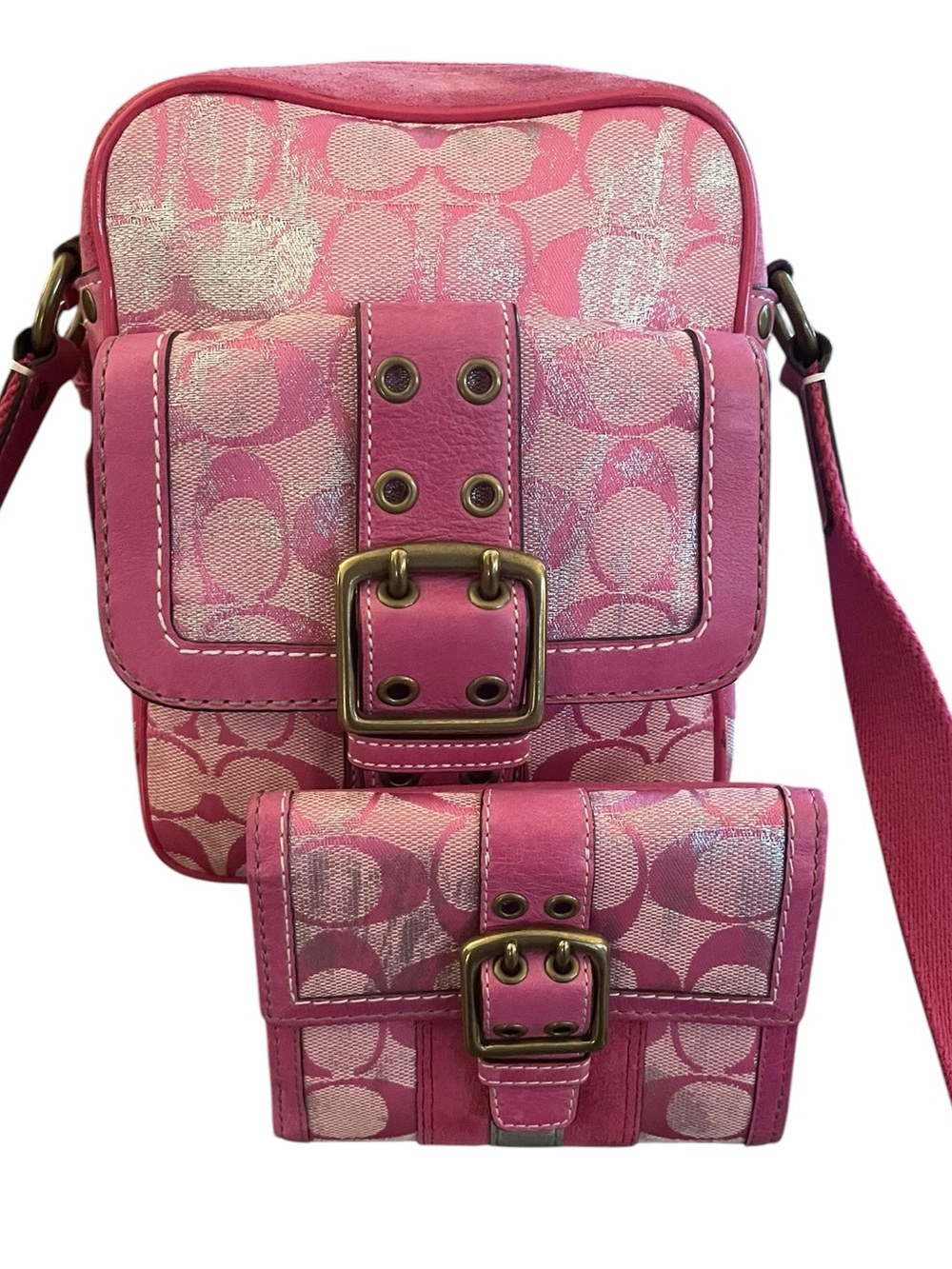Coach Y2K Pink & Silver Metallic Signature Canvas Crossbody with Matching Wallet